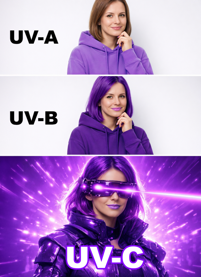 Diese Abbildung zeigt die drei unterschiedlichen Gesichter der UV-Strahlung: UV-A, UV-B, und UV-C